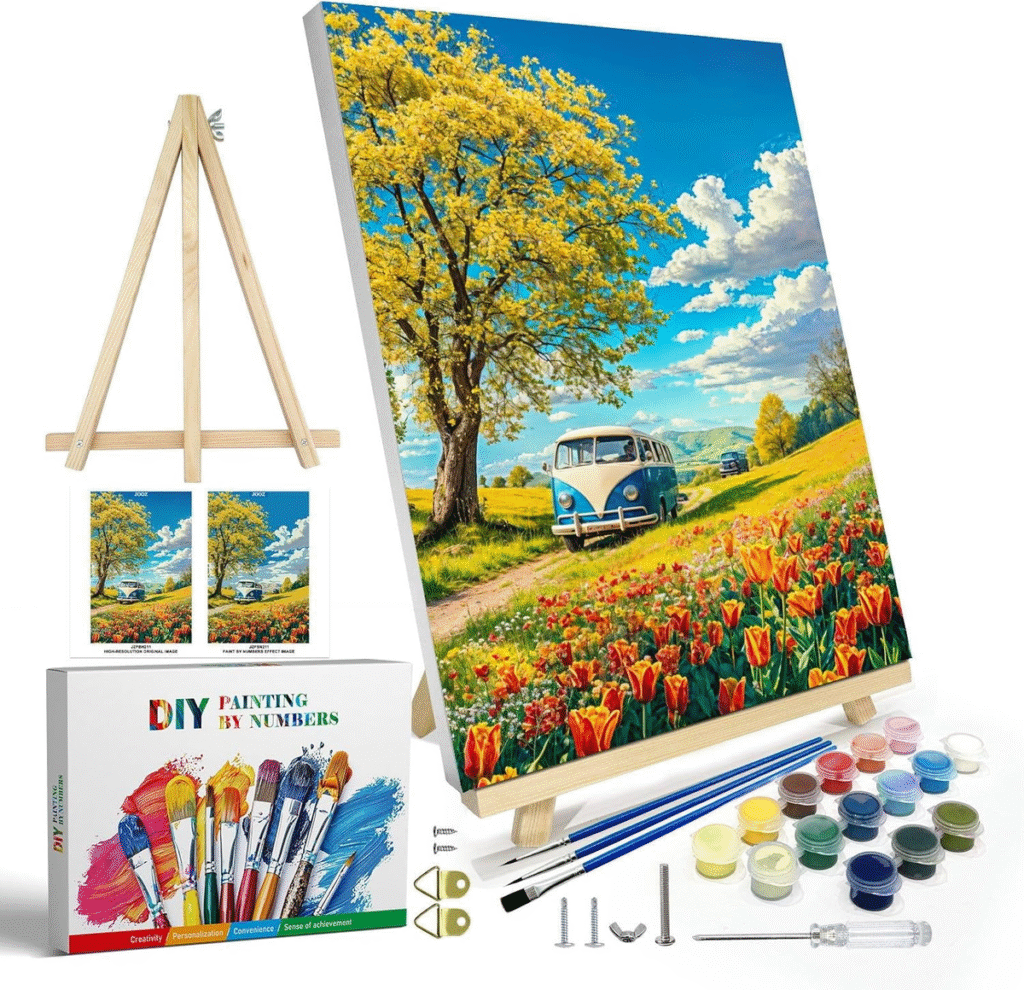 beginner painting a paint by numbers canvas