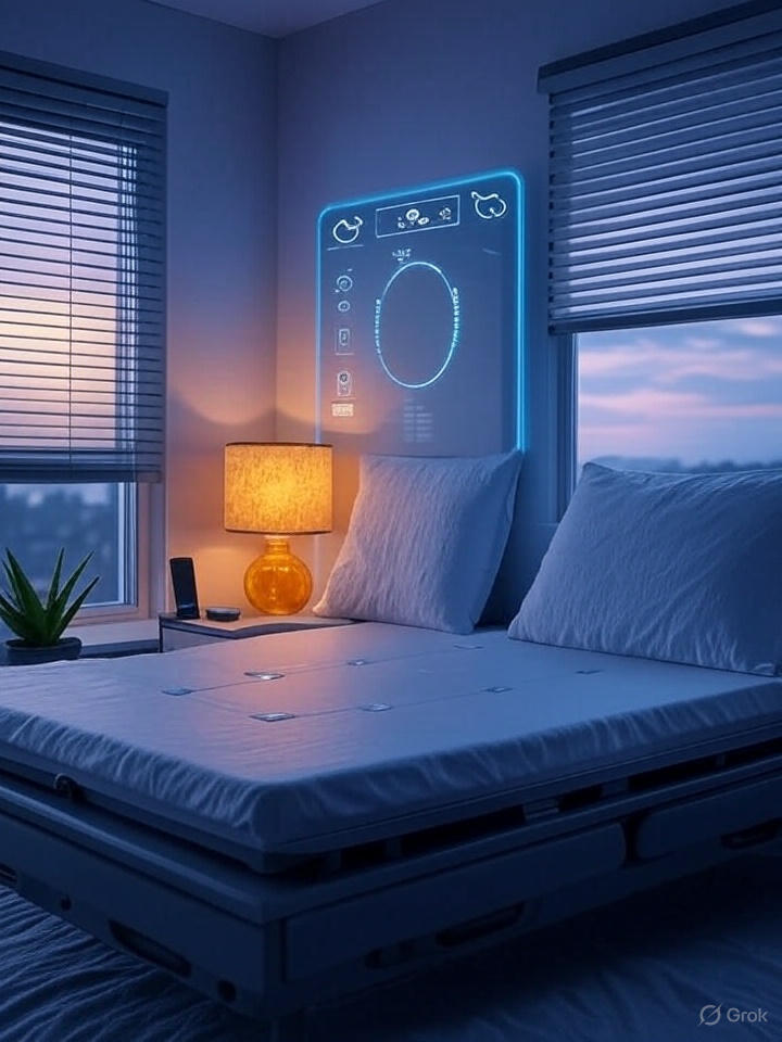 A bedroom with smart mirror on wall displaying daily wellness stats like hydration level and sleep score, adjustable bed frame with integrated sensors, soft bedside lamp in amber mode, window blinds half-open to morning light, nightstand with wireless charger and potted aloe plant.
Alt Text: "best smart home 