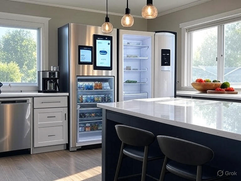 A kitchen island with smart fridge door open showing organized shelves and digital screen listing grocery suggestions, nearby counter with voice hub connected to overhead lights and coffee maker, window with automated shades, fresh vegetables in bowl, conveying a bright midday scene with clean lines.